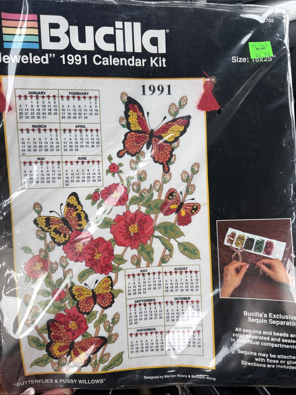 Bucilla Jeweled Butterfly and Floral 1991 Calendar Kit - Red, Yellow, Black